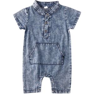 Pasgeboren Baby Denim Jumpsuits Jongen Zomer Effen Kleur Revers Romper Met Een Grote Zak