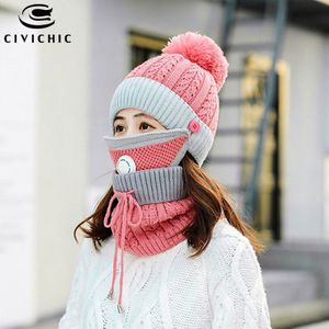 CIVICHIC Mode Vrouw Winter Muts Sjaal Masker 3 Delige Set Dikke Pompon Mutsen Warm Pak Halswarmer Fleece cap SH123