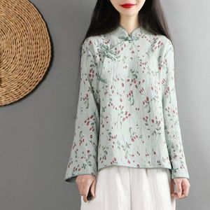 Klassieke Chinese Vrouwen Katoen Linnen Blouse Lange Mouwen Traditionele Handgemaakte Knop Bloem Afdrukken Tops Tang Kleding