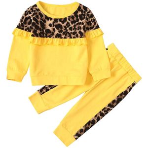 Peuter Kids Baby Meisjes Lange Mouw Luipaard Print Ruches Tops Tee Broek Outfits Casual Kleding Lente Herfst Tweedelige Set