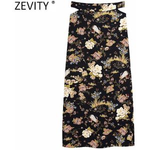 Zevity Vrouwen Mode Taille Afgesneden Bloemenprint Side Split Lange Rok Faldas Mujer Lady Chic Terug Rits Casual Vestidos QUN702