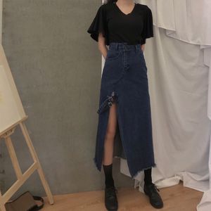 Vintage Rokken Vrouwen Ripped Franse Zomer Sexy Split Denim Rok Vrouwelijke Lange Hoge Taille Rok Sexy Split Maxi Rok Jeans dames