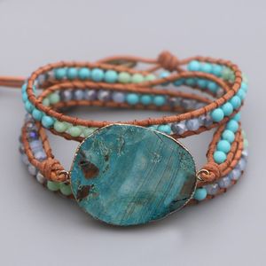 Edothalia Trendy Grote Blauwe Oceaan Steen Charm Lederen Armband Voor Vrouwen Meisjes Handwoven Boho Vriendschap Armband