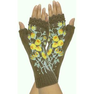 Wanten Handgemaakte Vrouwen Herfst Bloem Warme Wollen Gebreide Winter Handschoenen Half Vinger Borduren Handschoenen