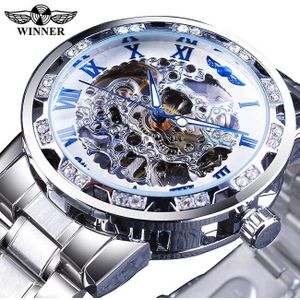 Winnaar Classic Blue Mens Mechanische Horloges Romeinse Zwart Roestvrij Stalen Band Rhinestone Skeleton Hand Wind Bedrijvengids Horloge Klok