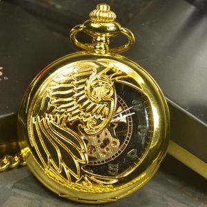 Tiedan brons steampunk skeleton mechanische pocket horloges mannen antieke luxe brand hand wind ketting & zakhorloge chain