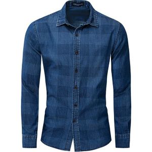 Europese Maat Mode Toevallige Denim Shirt Mannen Slim Fit Lange Mouw 100% Katoen Plaid Shirt Mannelijke Kleding 200