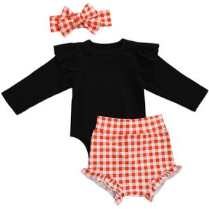 Baby Baby Meisjes Lente Herfst Outfits Effen Kleur Lange Mouwen Ruffle Geribbelde Romper + Plaid Shorts + Hoofdband 3Pcs kleding Set