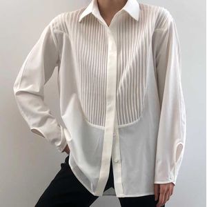 Boho Geïnspireerd Wit Shirt Vrouwen Geplooide Details Oversized Vrouwen Blouses Shirts Elegante Lange Mouw Vrouwen Top Office Dames Shirt