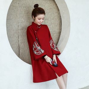 Rode Cheongsam Jurk Herfst En Winter Chinese Stijl Retro Elegante Moderne Qipao Jurk Vrouwen Jaar Plus Size Xl 5Xl FF2285