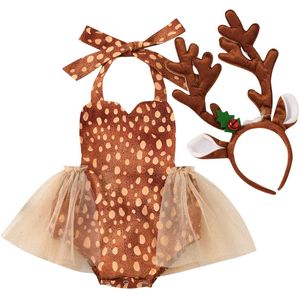 Kerst Baby Meisje Romper Herten Kostuum Kleding Mouwloze Dot Print Backless Tulle Tutu Jumpsuit Jurk Party 0-24M