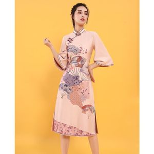 Zomer Vintage Chinese Stijl Traditionele Verbeterde Cheongsam Zoete Meisje Fleece Midi Jurk Mode Vrouw Kleding Qipao