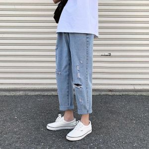 Tij Ripped Jeans Heren Zomer Ins Koreaanse Versie Van Tieners Alle-Match Straight Losse Negen-Punt casual Broek