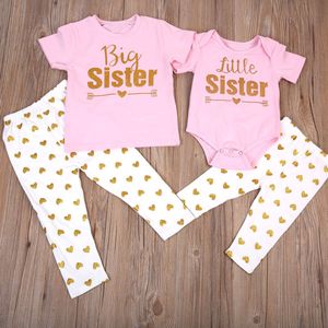 2 STKS Set Zus Match Kleding Grote Zus T-shirt Tops Pant Zusje Baby Bodysuit + Broek Hart Print Outfit Kleding