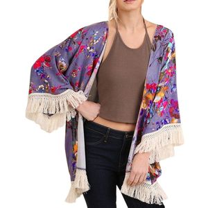 Womail Cover-Ups Womens Drie Kwart Mouw Bloemen Bedrukte Sjaal Kwastje Kimono Ups Vest strand jurkjes badmode W30422