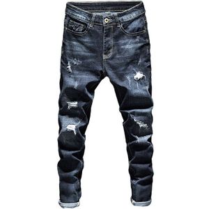 Ripped Jeans Mannen Donkerblauw Stretch Slim Fit Hollow Out Streetwear Denim Broek Brief Moto Biker Jeans Mannelijke Volledige Lengte broek