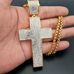 Hip Hop Iced Out Big Cross Hanger Collier Voor Mannen Gouden Kleur Rvs Strass Ketting Hiphop Christian Sieraden