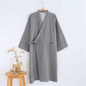 mannen Japanse Kimono Traditionele Robe Badjas Lange Mouw Katoenen Nachtkleding Effen Kleur Lente Home Service Pocket Yukata