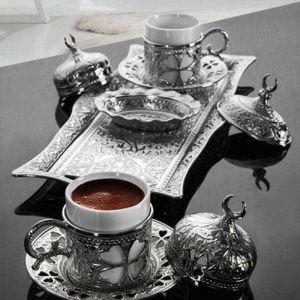 Turkse Koffie Set Arabische Poef Griekse Authentieke Product Met Historische Patroon Espresso Serveren Copper & Silver
