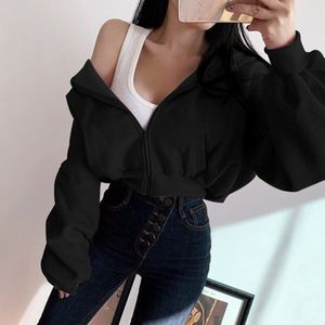 Trend Vrouwen Zip Up Cropped Hoodies Casual Lange Mouw Effen Kleur Losse Sweatshirts Herfst Outfits Sportkleding