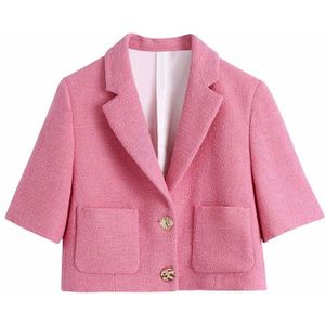 Za Vrouwen Blazer Set Roze Tweed Set 2 Pcs Zomer Korte Mouwen Office Suit Elegante Hoge Taille Rok textuur Pak