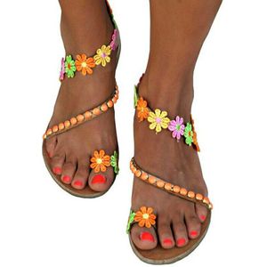 Vrouwen Boho Gekleurde Bloem Cross Teen Ring Platte Sandalen Voor De Zomer Strand SEC88