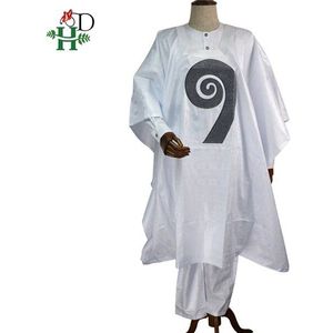H & D Agbada Afrikaanse Mannen Kleding Dashiki Gewaad Shirt Broek 3 Stuks Pak Met Strass Afrikaanse Mannen witte Formele Kledij PH8017
