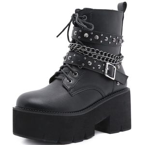 Bonjomarisa Punk Cool Girl Platform Laarzen Gesp Metalen Ketting Enkellaars Vrouwen Rits Chunky Hak Casual Schoenen Vrouw