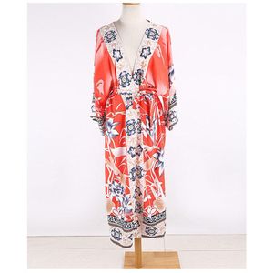 Sougen Oversize Beach Cover Up Kimono Vintage Print Bloemen Bikini Uitje Boho Losse Lange Vest Oranje Jas