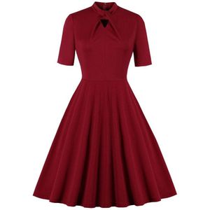 Tonval Twist Stand Kraag Uitsparing Voorkant Rood Solid Vintage Leisure Jurk Korte Mouwen EEN Lijn Zomer Vrouwen Elegante Jurken