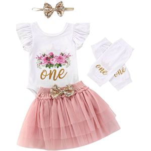 Pasgeboren Baby Baby Meisjes Verjaardag Kleding Sets 4 Stuks Romper Tops + Kant Tutu Rokken + Hoofdband + Beenwarmers