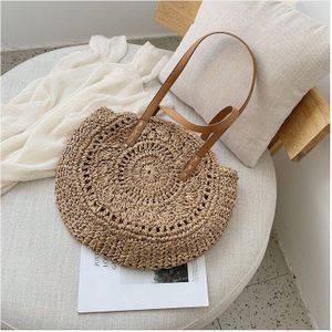 Ronde Stro Strandtas Vintage Handgemaakte Geweven Schoudertas Raffia Cirkel Rotan Zakken Bohemian Zomervakantie Casual Tassen