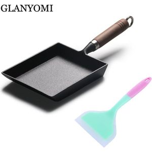 2 Pcs Koekenpan Ijzeren Pan + Non-stick Siliconen Turner/Verdikte Omelet/Ei Pan Rechthoek Mini Tamagoyaki gietijzeren Pan/Spatels