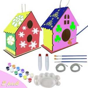 2Pcs Diy Vogel Huis Kit Schilderen Puzzel Vogel Huis Art Ambachtelijke Houten Speelgoed Voor Kinderen