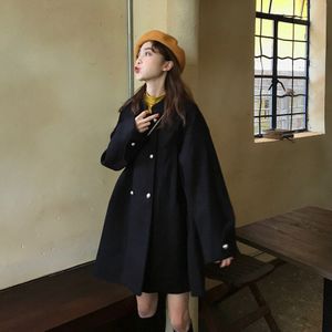 2020The Herfst Winter Koreaanse Mode Losse Jas Voor Dames Mid-Lengte Mantel Wollen Jassen Zwart Retro Elegante Vrouw Jas AO67