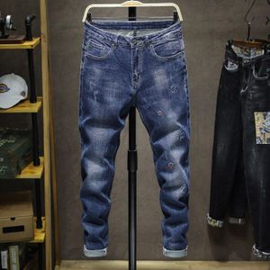 Jeans Mannen Rechte Elastische Jeugd Broek Business Casual Katoenen Broek Herfst Winter Blue Mid Taille Kleding, 932