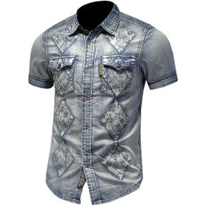 Jeans Korte Mannen Mouw Casual Slim Stijlvolle Wassen-Vintage Denim Shirts Mode Patch Cowboy Bloemen Overhemd