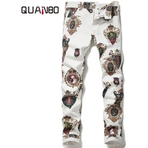 Europese Amerikaanse Stijl Digital Printing Casual Broek Mode Stretch Slim Fit Potlood Broek Mannen Witte Broek 38