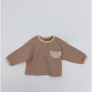 Herfst Winter Jongens En Meisjes Regelmatige Koreaanse Stijl Katoenen Baby T-shirt Lange Mouw Ronde Hals Pocket Gestreepte Mode