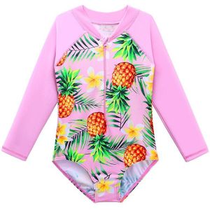 Baohulu Meisjes Badpak Een Stuk Kinderen Lange Mouwen UPF50 + Badmode Cyaan Print Bloemen Rits Rash Guards Voor Kids Beach dragen