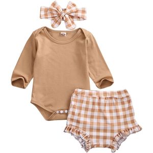 Baby Meisje Kleding Set Peuter Pasgeboren Fall Lange Mouwen Bodysuit Tops Plaid Shorts Hoofdband Outfit Kleding 0-24M 3 Pcs