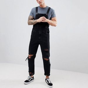 Knie Gescheurde Jeans Jumpsuit Voor Mannen Overalls Zwart Grote Gat Mannelijke Bretels Tuinbroek Streetwear Mode Mannen Bretels Denim Broek