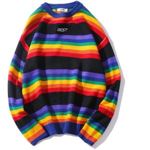 Lisibooo Mode Retro Mannen Trui Ronde Hals Trui Regenboog Gestreepte Paar Trui Mannen En Vrouwen Liefhebbers Losse Tops