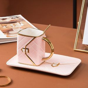 Bag Shaped Mok Dessertbord Netto Rode Tracing Goud Koffie Kop En Plaat Set Melk Thee Cup Thuis decoratie