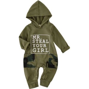 0-18M Baby Baby Jongens 100% Katoen Romper Bloemenprint Lange Mouwen Hooded Jumpsuit Lente Herfst Speelpakjes Army groen/Wit