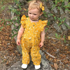 2 stuks Peuter Kid Baby Meisje Mode Kleding Geel Bloemen Vliegen Mouw Romper Jumpsuit Causale Katoen Outfits Set Prinses