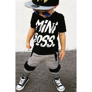 2 stuks Peuter Jongen Kleding Korte mouw Mini Boss Print T-shirt Top en Broek Set Kinderen Baby Boy Outfit