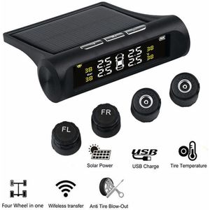 Auto Bandenspanningscontrolesysteem Solar Tpms Bandenspanning Alarm Systeem Met Lcd-scherm 4 Externe Sensoren