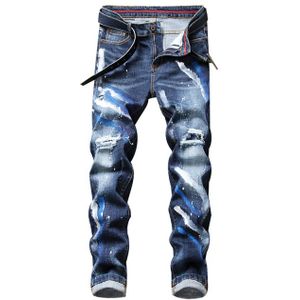 Voorjaar Mannen Ripped Jeans Splash Inkt Graffiti Regular Fit Stretch Gat Denim Broek Mannelijke