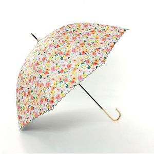 Kleine Bloemen Mode Vrouwen Paraplu Zwart Rubber Zon En Regen Dual-Purpose Parasol Lange Handvat Gebogen Haak Straight paraplu